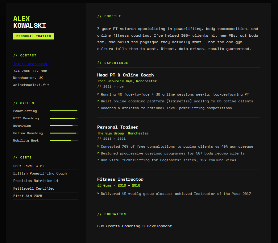 Online Personal Trainer CV Example