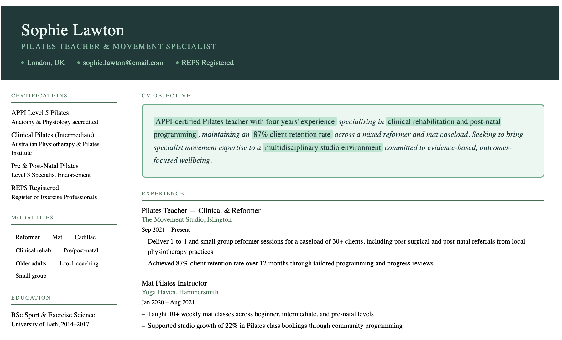 Pilates teacher CV example with objective