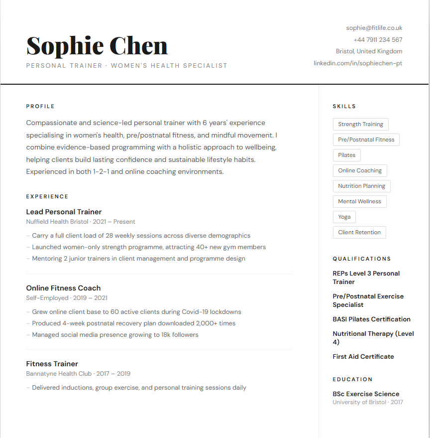 Prenatal and Postnatal Fitness Instructor CV Example