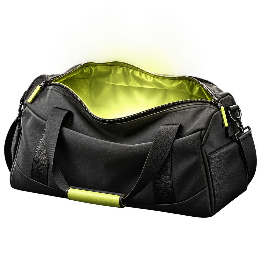 Black holdall with a glowing lime lining